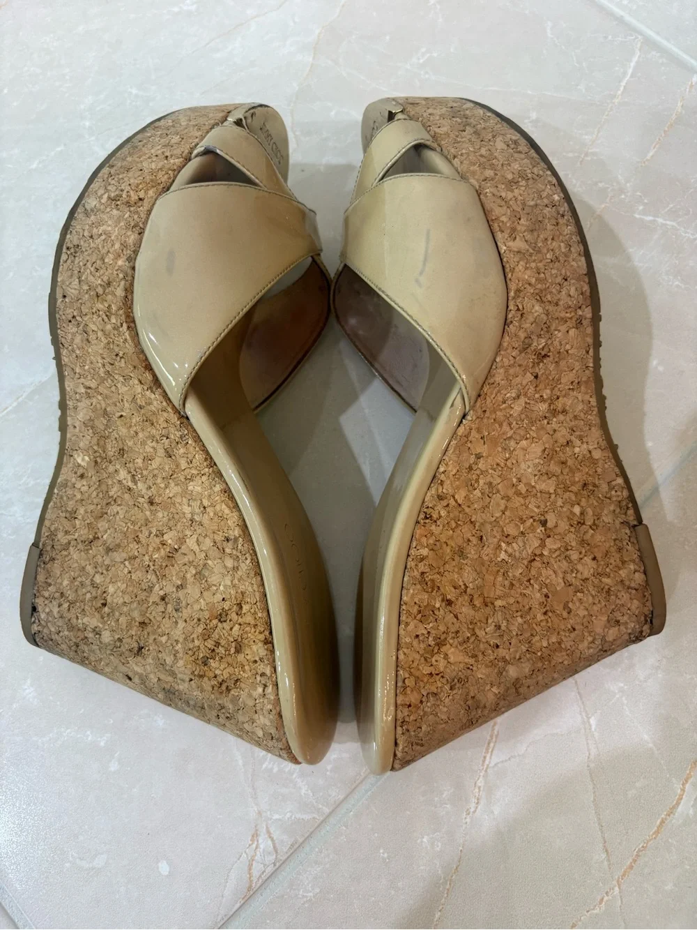 Jimmy Choo Perfume Nude Patent Leather Cork Platform Wedge Sandals